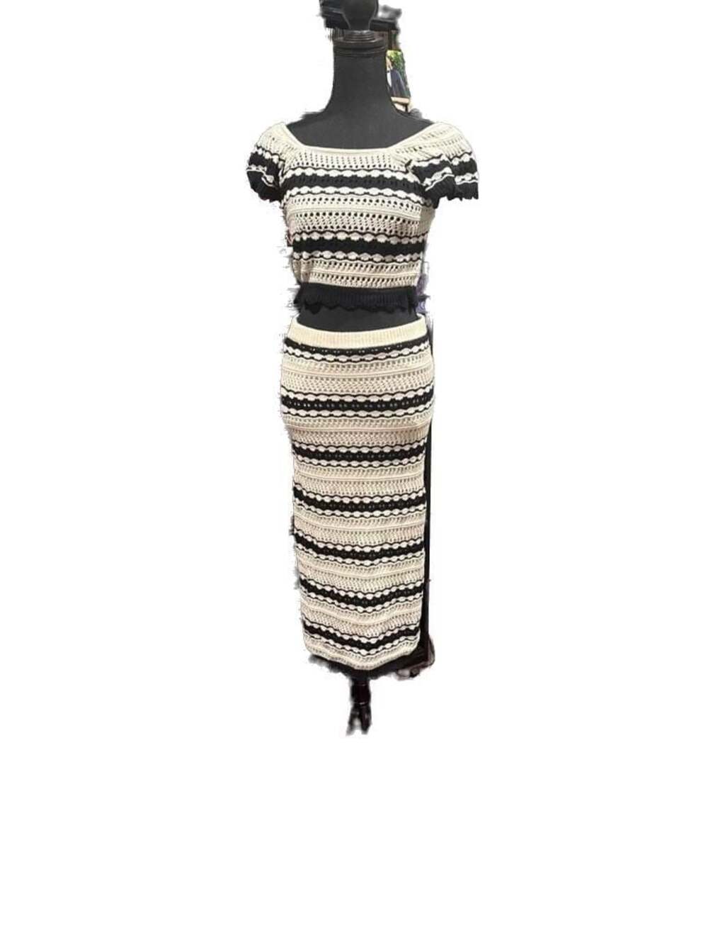 Freshman 1996 Black/White Crochet Knit 2 Piece Crop Top and Midi Skirt Set Sz.S